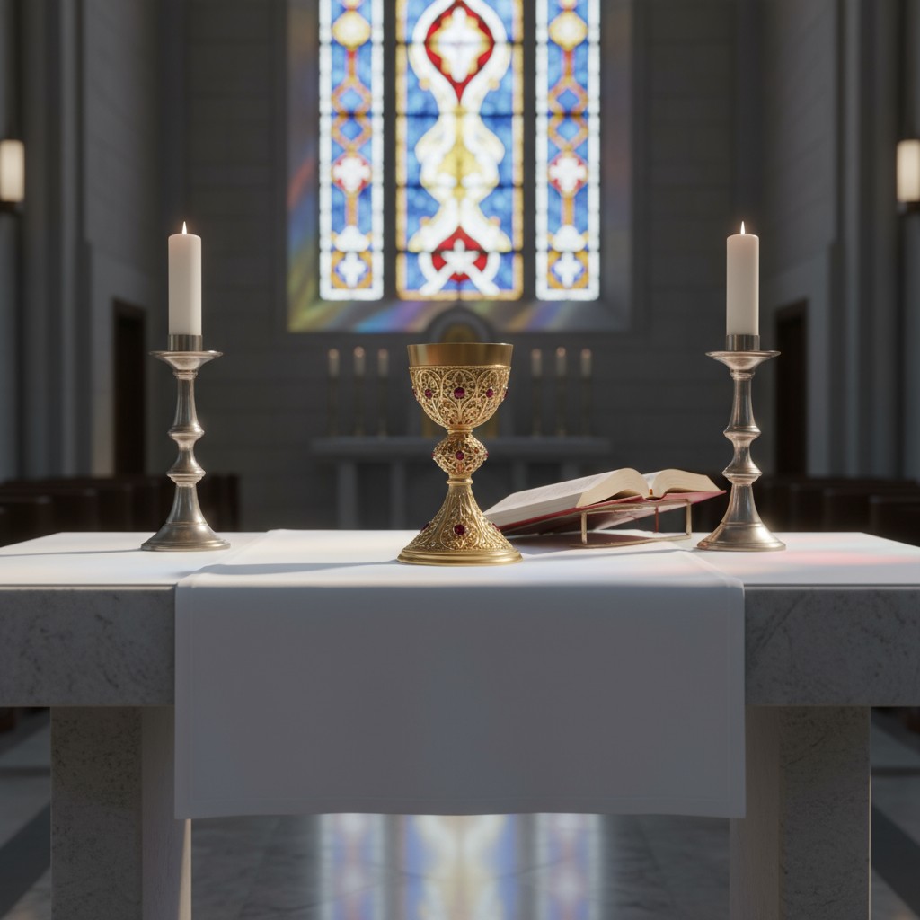 An interior view of a church bible reading table featuring a gold chalice in the center. Illuminated stained glass and dar...